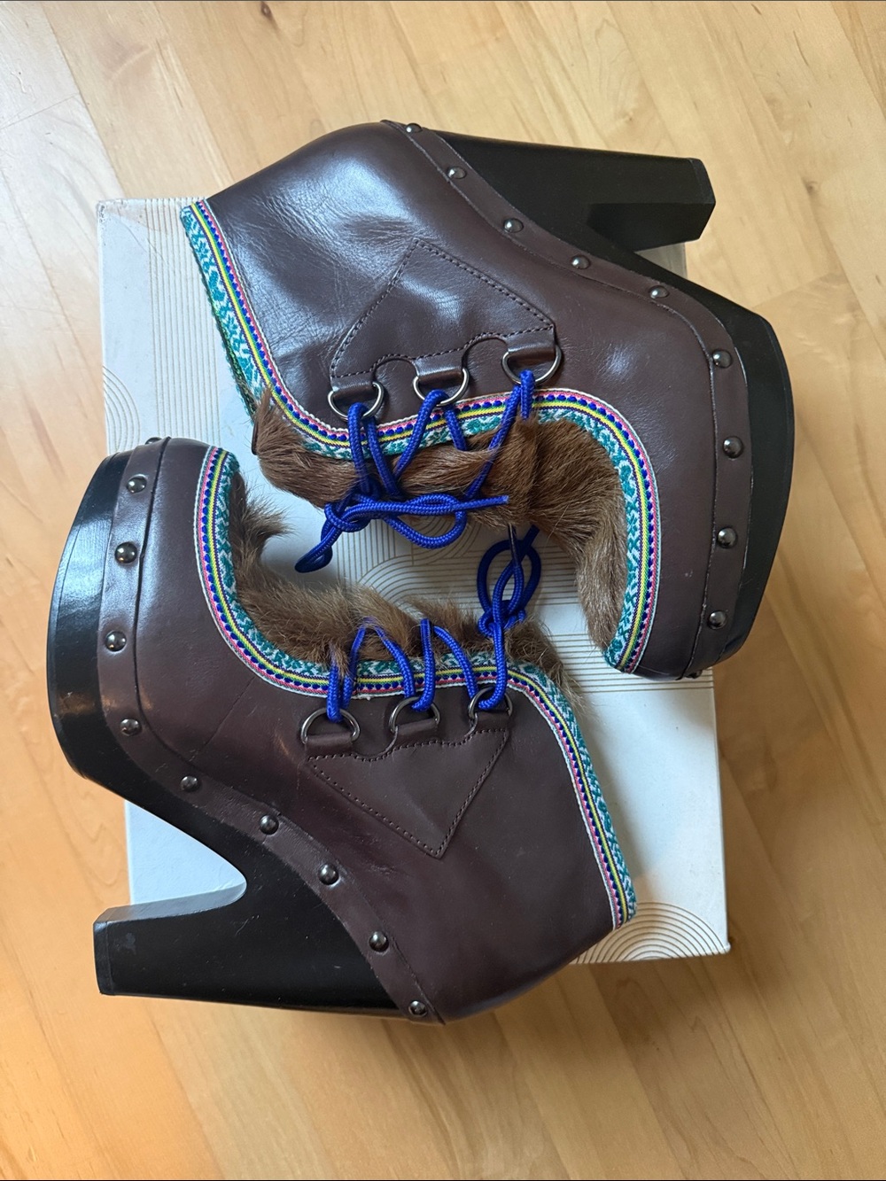 Belle by Sigerson Morrison real Fur woodenPlatform Lace-Up Heels with Blue Laces